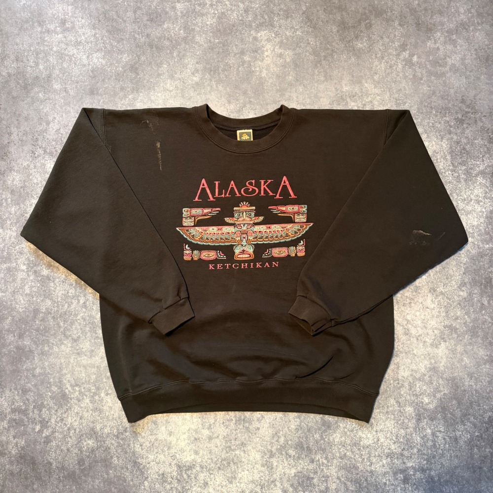 Vintage Alaska Ketchikan Totem Pole Sweatshirt Mens XL‎ Black Cotton Native